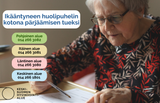 Ikääntyneen asiakas- ja palveluohjauksen uusia asiakkaita 4.9. alkaen palvelevan Ikääntyneen huolipuhelimen mainoskuva