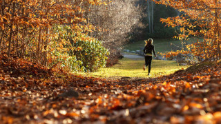 Nainen juoksee polulla.