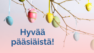 Pääsiäiskoristeilla koristeltu pajunoksa ja teksi: Hyvää pääsiäistä! 