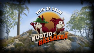 Kaksi piirrosoravaa ja teksti "Vilin ja Velin nuotiohässäkkä"