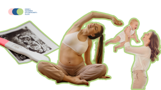 Raskaustesti ja ultraäänikuva, raskaana oleva nainen risti-istunnassa ja äiti nostaa vauvaa ylös.