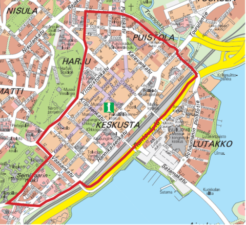 Jyväskylän kaupungin keskustan ilotulitteiden kieltoalue.