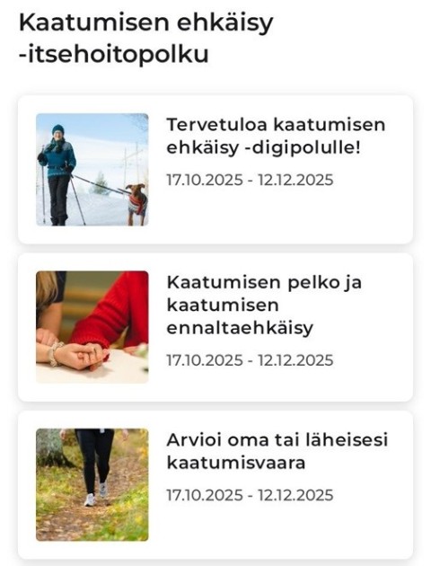Kaatumisen ehkäisy -digipolun aloitusnäkymä ja ensimmäiset osiot